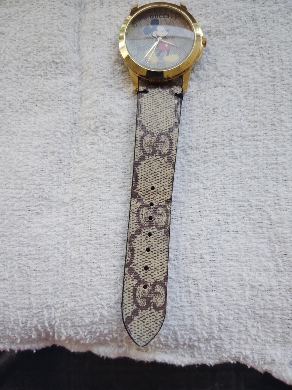 Gucci Gold Tone Case Beige Monogram Strap Mickey Dial Watch